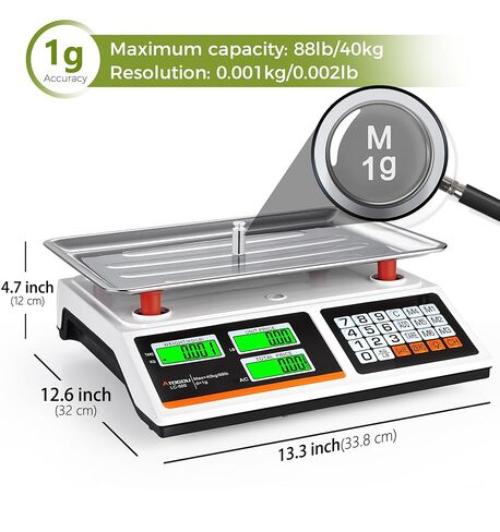 مقياس حساب السعر Atogou 88lb/40 كجم، مقياس مطبخ الطعام التجاري مع مفاتيح الأسعار المحددة مسبقًا، استخدام إضافي أو قابل لإعادة الشحن، شاشات LCD مزدوجة السطوع، للإنتاج والمزارعين والأسواق واللحوم (ليس للتجارة in Kuwait