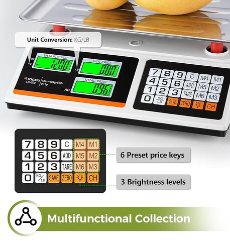مقياس حساب السعر Atogou 88lb/40 كجم، مقياس مطبخ الطعام التجاري مع مفاتيح الأسعار المحددة مسبقًا، استخدام إضافي أو قابل لإعادة الشحن، شاشات LCD مزدوجة السطوع، للإنتاج والمزارعين والأسواق واللحوم (ليس للتجارة in Kuwait