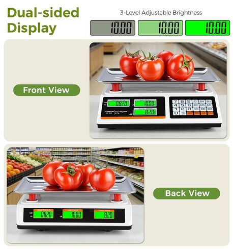 مقياس حساب السعر Atogou 88lb/40 كجم، مقياس مطبخ الطعام التجاري مع مفاتيح الأسعار المحددة مسبقًا، استخدام إضافي أو قابل لإعادة الشحن، شاشات LCD مزدوجة السطوع، للإنتاج والمزارعين والأسواق واللحوم (ليس للتجارة in Kuwait