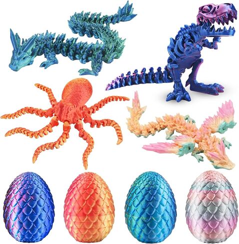 4PCS 3D Printed Dragon Octopuses with Egg Easter Basket Stuffers Easter Egg 3D Printed Animals Toy Set in Kuwait