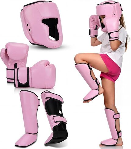 Arrowbash 5 Pcs Boxing Guards Set for Kids with Sparring Headgear, 6oz Boxing Gloves and Leg Shin Guards Wrestling Headgear for Youths Teens Boys Girls Kickboxing Karate Muay Thai BJJ Training in Saudi Arabia