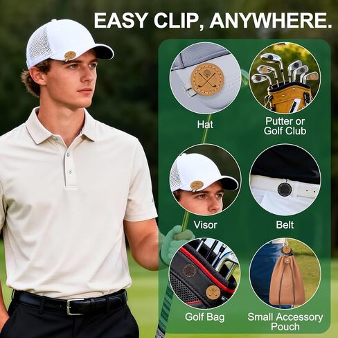 علامات كرة الجولف من الجلد الحقيقي: علامة كرة جولف مغناطيسية مع مشبك قبعة للنساء والرجال - علامات كرة جولف مضحكة لوضع اللون الأخضر (4 قطع) in Kuwait