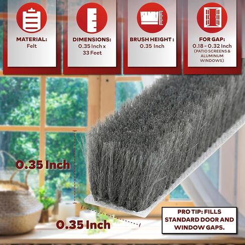 XFasten Self Adhesive Weather Stripping for Windows and Doors, 0.35" x 33 Ft Soundproofing Door Brush Seal Draft Stopper, Gray Insulation Seal Strip for Summer Heat, Winter Draft Blocker, 0.35" Thick in Saudi Arabia
