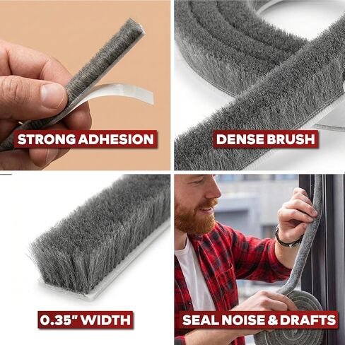 XFasten Self Adhesive Weather Stripping for Windows and Doors, 0.35" x 33 Ft Soundproofing Door Brush Seal Draft Stopper, Gray Insulation Seal Strip for Summer Heat, Winter Draft Blocker, 0.35" Thick in Saudi Arabia