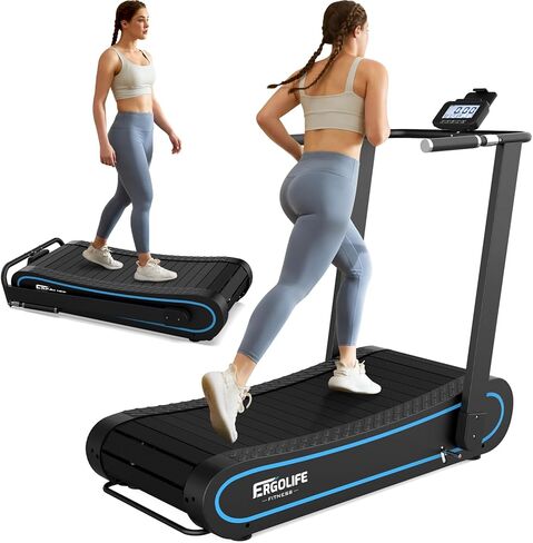 ERGOLIFE Curved Treadmill with Non-Electric Motorized, 2-in-1 Folding Treadmill with APP for Home Workout, Compact Manual Walking Pad, Office Running Machine with LCD Display in Saudi Arabia