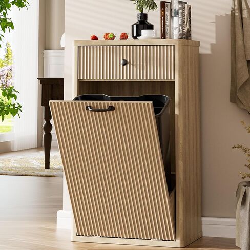 Spurgehom 13 Gallons Tilt Out Trash Can Cabinet Freestanding Kitchen Trash Can Modern Hidden Garbage Recycling Cabinets with Hideaway Drawer Pet Proof Trash Can Holder for Kitchen, Natural in Saudi Arabia