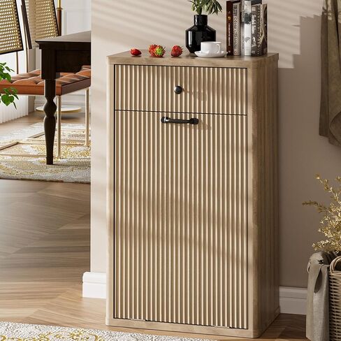Spurgehom 13 Gallons Tilt Out Trash Can Cabinet Freestanding Kitchen Trash Can Modern Hidden Garbage Recycling Cabinets with Hideaway Drawer Pet Proof Trash Can Holder for Kitchen, Natural in Saudi Arabia