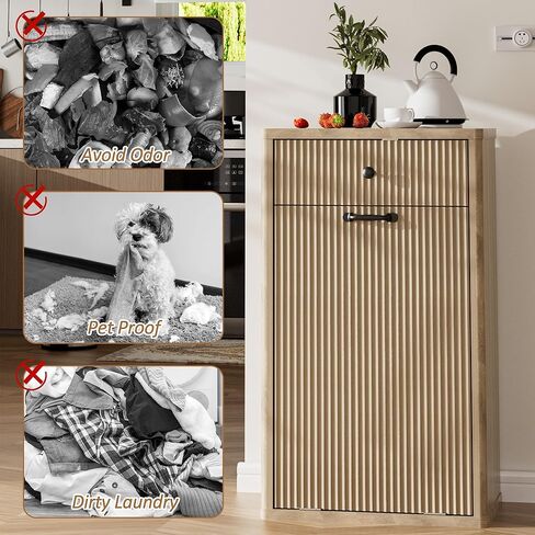 Spurgehom 13 Gallons Tilt Out Trash Can Cabinet Freestanding Kitchen Trash Can Modern Hidden Garbage Recycling Cabinets with Hideaway Drawer Pet Proof Trash Can Holder for Kitchen, Natural in Saudi Arabia