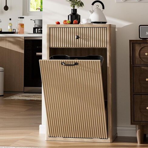 Spurgehom 13 Gallons Tilt Out Trash Can Cabinet Freestanding Kitchen Trash Can Modern Hidden Garbage Recycling Cabinets with Hideaway Drawer Pet Proof Trash Can Holder for Kitchen, Natural in Saudi Arabia