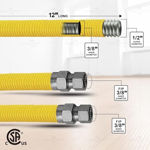 HIGHCRAFT 12 Inch Gas Connector with Fittings, Yellow Coated Gas Connector, 1/2" OD, 3/8" FIP x 3/8" FIP Connection in Saudi Arabia