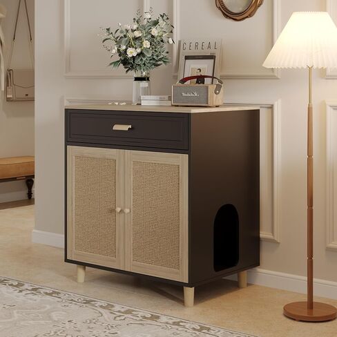 قطة القمامة مربع الأثاث مخفي داخلي 2 في 1 منزل وودن كات الخشبية وخزانة الحمام مع أبواب لوح الخدش والدرج ، 31.5 "x15.7" x34.6 "h in Kuwait