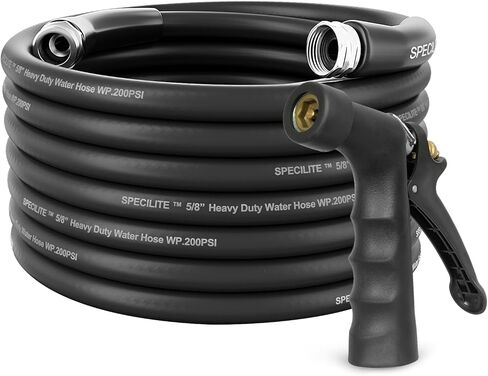 SPECILITE 5/8" Hot/Cold Garden Hose 50 ft with Industrial High Pressure Nozzle, Flexible & Lightweight, 600psi Burst Rubber Water hose -50℉-158℉ With 3/4"Stainless Steel Fittings for Yard, Black in Kuwait