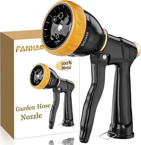 فوهة خرطوم حديقة FANHAO شديدة التحمل، فوهة رش معدنية 100%، فوهة خرطوم مياه عالية الضغط مع 7 أنماط لسقاية الحديقة وغسل السيارات واستحمام الحيوانات الأليفة in Kuwait