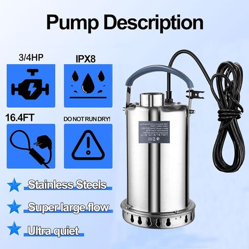 مضخة مستنقع مضخة مياه غاطسة 3/4HP 3500GPH من الفولاذ المقاوم للصدأ مضخة نقل المياه المحمولة الكهربائية لتصريف حوض السباحة الساخن ومضخات المرافق في الطابق السفلي in Kuwait