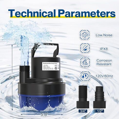 مضخة مياه غاطسة AgiiMan بقوة 2 حصان، مضخة مستنقع محمولة بقدرة 3500 جيجا في الساعة لتصريف حوض السباحة، أزرق in Kuwait