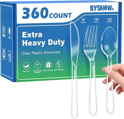 BYSNOW 360 Count Extra Heavy Duty Plastic Silverware, BPA-Free, Heat Resistant, Disposable Clear Plastic Utensils Set, Plastic Cutlery Set, Plasticware Bulk for Parties, Events and Everyday Use in Saudi Arabia