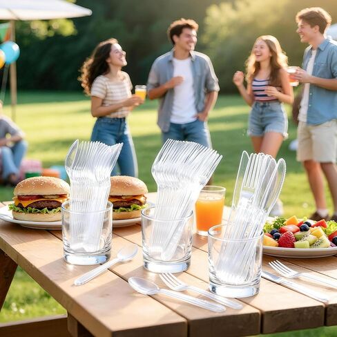 BYSNOW 360 Count Extra Heavy Duty Plastic Silverware, BPA-Free, Heat Resistant, Disposable Clear Plastic Utensils Set, Plastic Cutlery Set, Plasticware Bulk for Parties, Events and Everyday Use in Saudi Arabia