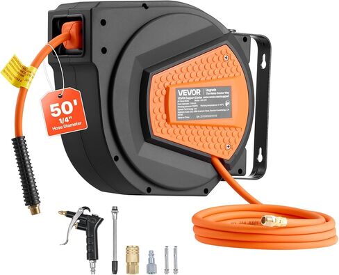VEVOR Retractable Air Hose Reel, 3/8 Inch x 80 FT Hybrid Air Hose Max 300PSI, Enclosed Air-Compressor Hoses Reel Auto Rewind with 6.6 ft Lead in, 180° Swivel Ceiling/Wall Mount for Workshops in Saudi Arabia
