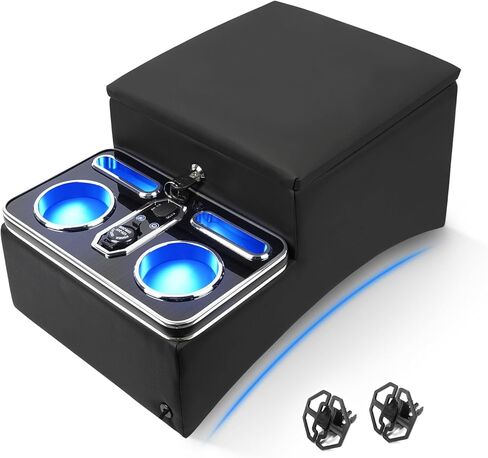 Upgraded Center Console, Truck Bench Front Seats Center Console Organizer and Storage, Cup & Phone Holder for Minivan, SUV, Middle Van, Fast Phone Charging & 7-Color Adjustable LED Lighting (Black) in Kuwait