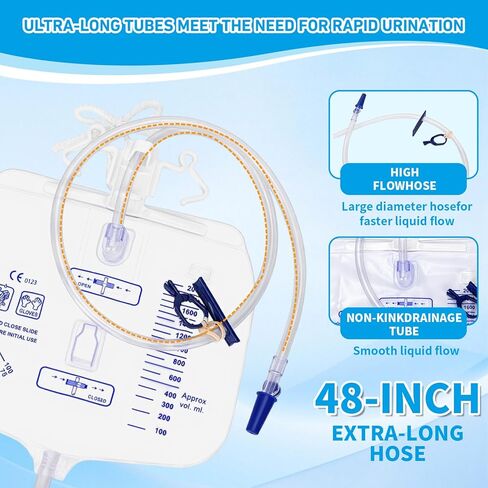 6 Pack 2000ml Urine Drainage Bag, Foley Catheter Leg Bags for Men and Women with Anti-Reflux Chamber, 48" Long Tube with Clamp & Hook, Quick-Release Drain Port in Saudi Arabia