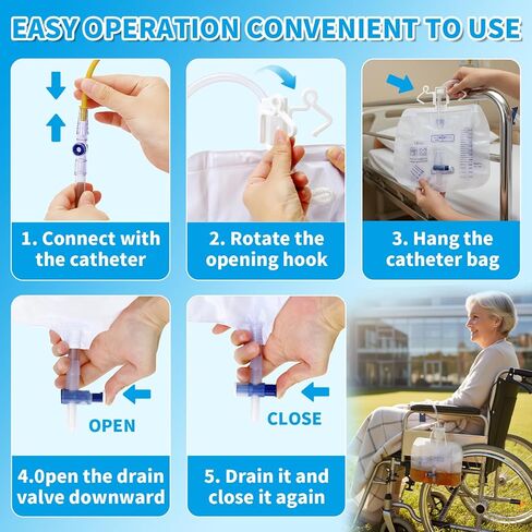 6 Pack 2000ml Urine Drainage Bag, Foley Catheter Leg Bags for Men and Women with Anti-Reflux Chamber, 48" Long Tube with Clamp & Hook, Quick-Release Drain Port in Saudi Arabia