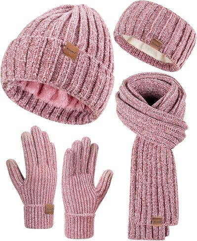 Women Beanie Scarf Gloves Headband Set, Chenille Winter Hats Fleece Lined Ear Warmer Knit Scarf Touchscreen Gloves 4 Gift Set in Kuwait