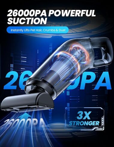 Handheld Vacuum Cordless, 26,000 Pa High Power Suction, Portable Rechargeable Car Vacuum Cleaner for Home, Office, Pet Hair, Car Detailing, Black in Saudi Arabia