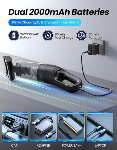 Handheld Vacuum Cordless, 26,000 Pa High Power Suction, Portable Rechargeable Car Vacuum Cleaner for Home, Office, Pet Hair, Car Detailing, Black in Saudi Arabia