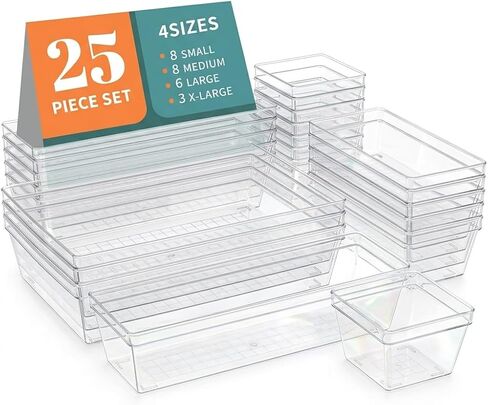 تخزين منظم الدرج البلاستيكي الشفاف - 25 مساءً بحجم 4 حجم مكتب المطبخ منظمي المطبخ والملحقات المنظمة ، وبيانات الأدراج القابلة للتكديس ، مجموعات ماكياج مقسمات ، in Kuwait