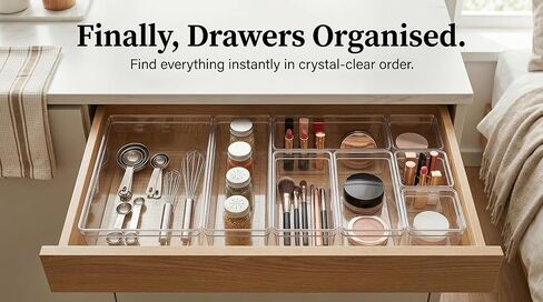 تخزين منظم الدرج البلاستيكي الشفاف - 25 مساءً بحجم 4 حجم مكتب المطبخ منظمي المطبخ والملحقات المنظمة ، وبيانات الأدراج القابلة للتكديس ، مجموعات ماكياج مقسمات ، in Kuwait