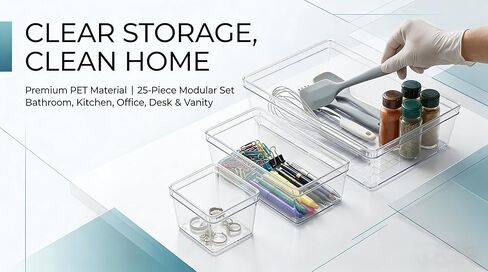 تخزين منظم الدرج البلاستيكي الشفاف - 25 مساءً بحجم 4 حجم مكتب المطبخ منظمي المطبخ والملحقات المنظمة ، وبيانات الأدراج القابلة للتكديس ، مجموعات ماكياج مقسمات ، in Kuwait