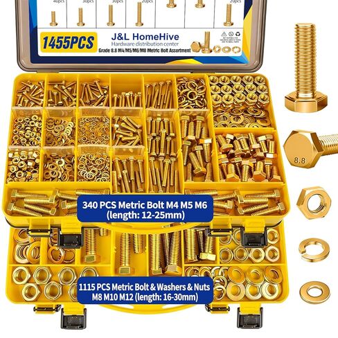 1455pcs Nuts and Bolts Assortment Kit - Heavy Duty Grade 8.8 Metric M4 M5 M6 M8 Bolts Assortment Kit, Yellow Zinc Plated, Length from 12-30mm in Saudi Arabia