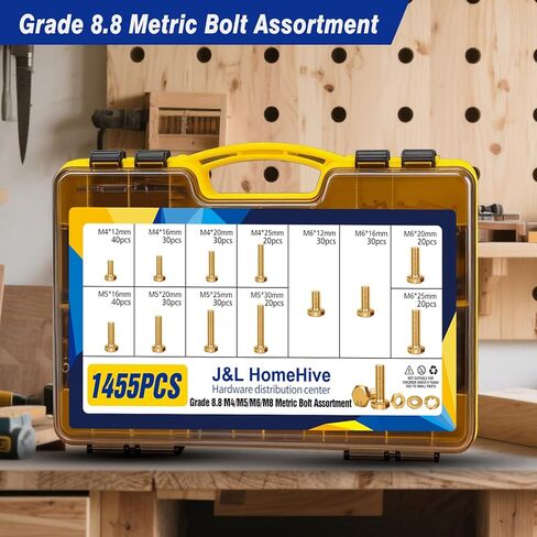 1455pcs Nuts and Bolts Assortment Kit - Heavy Duty Grade 8.8 Metric M4 M5 M6 M8 Bolts Assortment Kit, Yellow Zinc Plated, Length from 12-30mm in Saudi Arabia