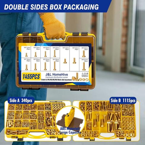 1455pcs Nuts and Bolts Assortment Kit - Heavy Duty Grade 8.8 Metric M4 M5 M6 M8 Bolts Assortment Kit, Yellow Zinc Plated, Length from 12-30mm in Saudi Arabia
