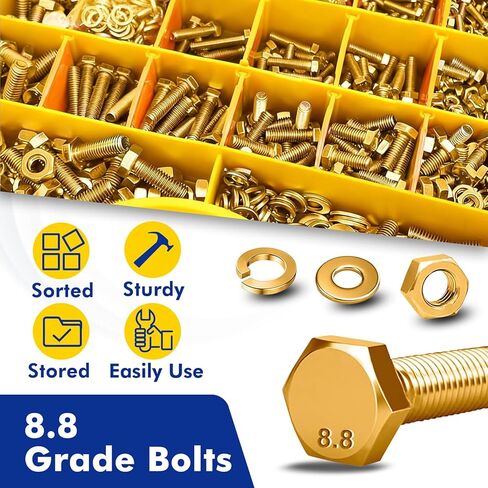 1455pcs Nuts and Bolts Assortment Kit - Heavy Duty Grade 8.8 Metric M4 M5 M6 M8 Bolts Assortment Kit, Yellow Zinc Plated, Length from 12-30mm in Saudi Arabia