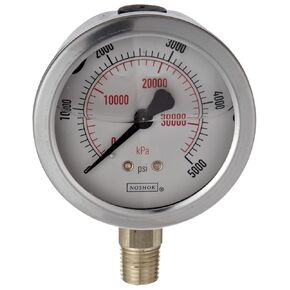 مقياس الضغط، علبة 304SS مقاس 2.5 بوصة، أجزاء داخلية من سبائك النحاس، 30/300 رطل لكل بوصة مربعة/كيلو باسكال، 1/4 NPT ذكر خلفي، مملوء بالجليسرين in Kuwait