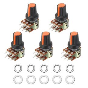 MECCANIXITY 5 مجموعة WH148 B20K أوم طقم قياس الجهد، 6 دبوس عمود منقسم دوار خطي مزدوج تفتق مقياس الجهد الصوتي الدوار مع مقبض الجوز وغسالة للتحكم في مستوى الصوت، عمود 15 مم، برتقالي in Kuwait