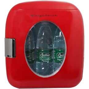 ثلاجة فريجيدير ريترو الصغيرة، علب مشروبات سعة 12/9 لتر، خالية من الفريون بنسبة 100% وصديقة للبيئة، مثالية للمنزل أو المكتب أو السيارات. يتضمن مقابس لمنفذ المنزل وشاحن سيارة 12 فولت (وردي) in Kuwait