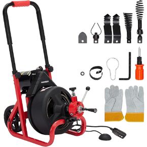 Drain Cleaner Machine 50Ft x 5/16 Inch, Electric Drain Auger Professional, Foot Switch with 6 Cutters, Glove, Drain Auger Cleaner Sewer Snake for 3/4 to 3 Inch Pipes in Saudi Arabia