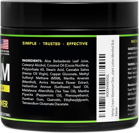 كريم القنب من السلع الطبيعية الفائقة مع زيت القنب والكركم والأرنيكا والمنثول - كريم نباتي مع إحساس تبريد للاستخدام الموضعي (16oz) in Kuwait