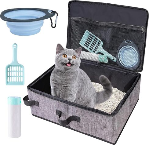 صندوق القمامة السفر للقطط في السيارة مع الغطاء والقطط القمامة مغرفة ، حافظة فضلات القط المحمولة مع وعاء و 10 أجزاء من أكياس بطانة قابلة للتصرف ، مقاومة للتسرب وقابلة للطي. in Kuwait