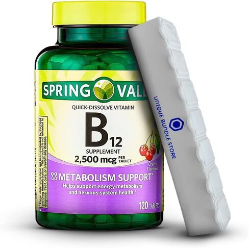 Spring Valley، فيتامين ب12 2500 ميكروجرام، أقراص بنكهة الكرز سريعة الذوبان ب12، مكمل غذائي، فيتامين ب12، عدد 120 + منظم حبوب الدواء لمدة 7 أيام (عبوة من قطعة واحدة) in Kuwait