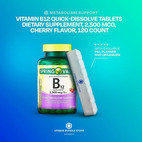 Spring Valley، فيتامين ب12 2500 ميكروجرام، أقراص بنكهة الكرز سريعة الذوبان ب12، مكمل غذائي، فيتامين ب12، عدد 120 + منظم حبوب الدواء لمدة 7 أيام (عبوة من قطعة واحدة) in Kuwait
