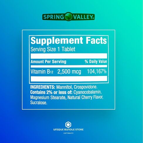 Spring Valley، فيتامين ب12 2500 ميكروجرام، أقراص بنكهة الكرز سريعة الذوبان ب12، مكمل غذائي، فيتامين ب12، عدد 120 + منظم حبوب الدواء لمدة 7 أيام (عبوة من قطعة واحدة) in Kuwait