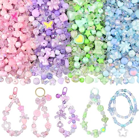 Assorted 260-320PCS Acrylic Beads For Bracelet Making, Flower Bow Butterfly Candy Gummy Bear Kawaii Aesthetic Beads,Cute Beads For Jewelry Making DIY Necklace Keychain Phone Charm(6 Colors) in Saudi Arabia