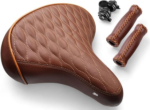 CYCLEZ Wide Soft Padded Bike Seat and Leather Style Grips Set, Oversized Comfort Saddle for Men and Women, Ideal Replacement for Beach Cruiser, MTB, City, E-Bike, Scooter, Stationary Bicycle in Saudi Arabia