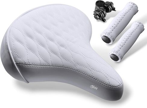 CYCLEZ Wide Soft Padded Bike Seat and Leather Style Grips Set, Oversized Comfort Saddle for Men and Women, Ideal Replacement for Beach Cruiser, MTB, City, E-Bike, Scooter, Stationary Bicycle in Kuwait