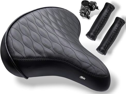 CYCLEZ Wide Soft Padded Bike Seat and Leather Style Grips Set, Oversized Comfort Saddle for Men and Women, Ideal Replacement for Beach Cruiser, MTB, City, E-Bike, Scooter, Stationary Bicycle in Saudi Arabia