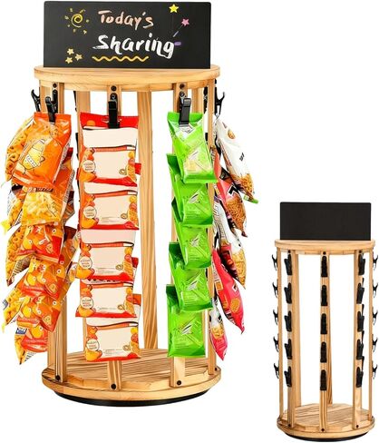 Petyoung Chip Rack Display Stand, 5 Tiers 40 Clips Chip Display Rack for Countertop, 360° Rotating Wooden Base Chip Holder Candy Display with Message Board, for Concession Stand, Countertop, Party in Saudi Arabia