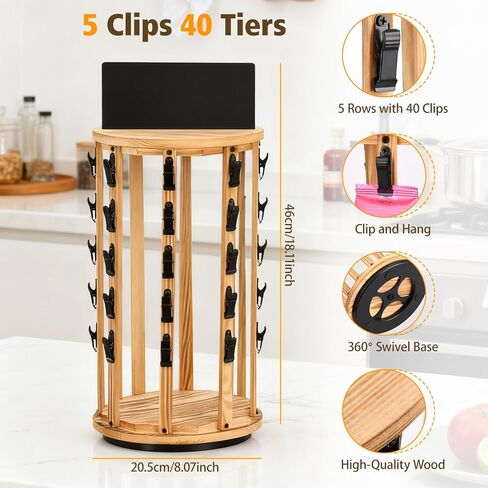 Petyoung Chip Rack Display Stand, 5 Tiers 40 Clips Chip Display Rack for Countertop, 360° Rotating Wooden Base Chip Holder Candy Display with Message Board, for Concession Stand, Countertop, Party in Saudi Arabia